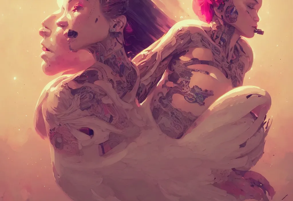 Image similar to an angel in space covered in tattoos, fantasy, anatomically correct, by atey ghailan, by greg rutkowski, by greg tocchini, by james gilleard, by joe gb fenton, by kaethe butcher, dynamic lighting, gradient light yellow, pink, blonde cream and white color in scheme, cyberpunk aesthetic