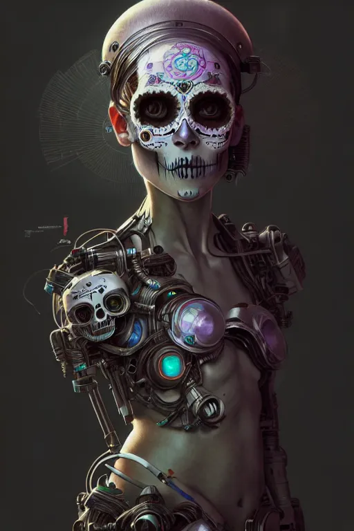 Image similar to ultra detailed female android ragamuffin, stray dog, scifi, fantasy, octane render, ( dia de los muertos ), asymmetrical, intricate concept art, art by godmachine and michael welan and dzo and greg rutkowski and alphonse mucha and loish and wlop