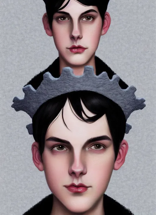 Image similar to portrait of teenage jughead jones wearing a light grey crown, photorealistic, crown made of felt fabric, crown, crown made of felt, black hair, intricate, elegant, highly detailed, digital painting, glowing lights, artstation, concept art, smooth, sharp focus, illustration, art by wlop, mars ravelo and greg rutkowski