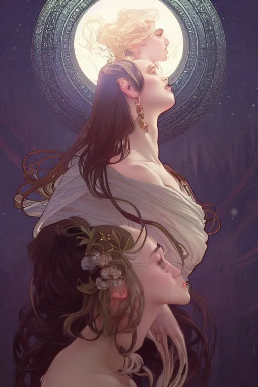 Image similar to moonlight, dark fantasy, intricate, elegant, highly detailed, digital painting, artstation, concept art, matte, sharp focus, illustration, art by artgerm and alphonse mucha