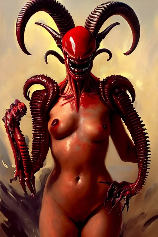 Image similar to painted close - up portrait of a very attractive red - skinned intimidating demon xenomorph queen with ram horns! oil painting, wearing a noblewoman's outfit, fantasy art by john singer sargent and gaston bussiere and james jean and greg rutkowski, demon noble character design, hd