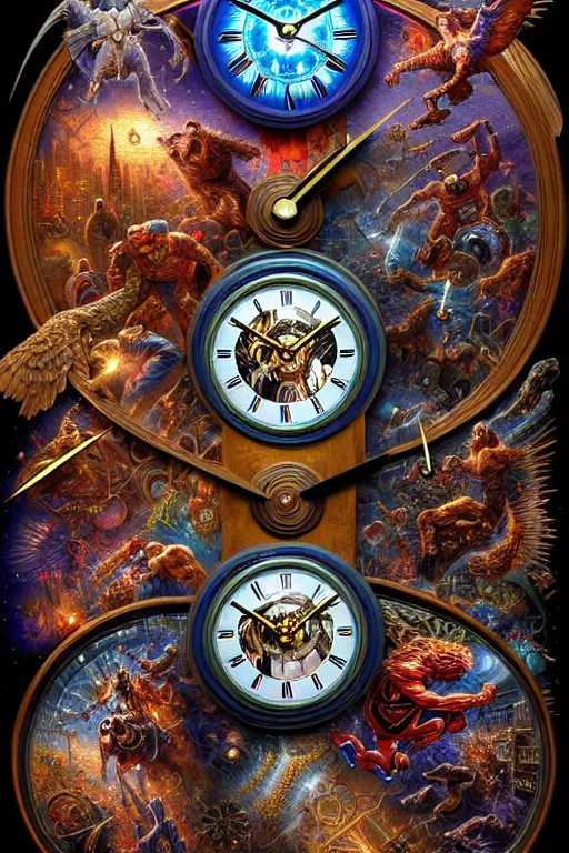 Prompt: intricate American superhero clocks james gurney, dan luvisi, Petros Afshar, tim hildebrandt, liam wong, Mark Riddick, thomas kinkade, ernst haeckel, dan mumford, trending on artstation, josephine wall, WLOP, cgsociety by Gediminas Pranckevicius, trending on cgsociety and DeviantArt