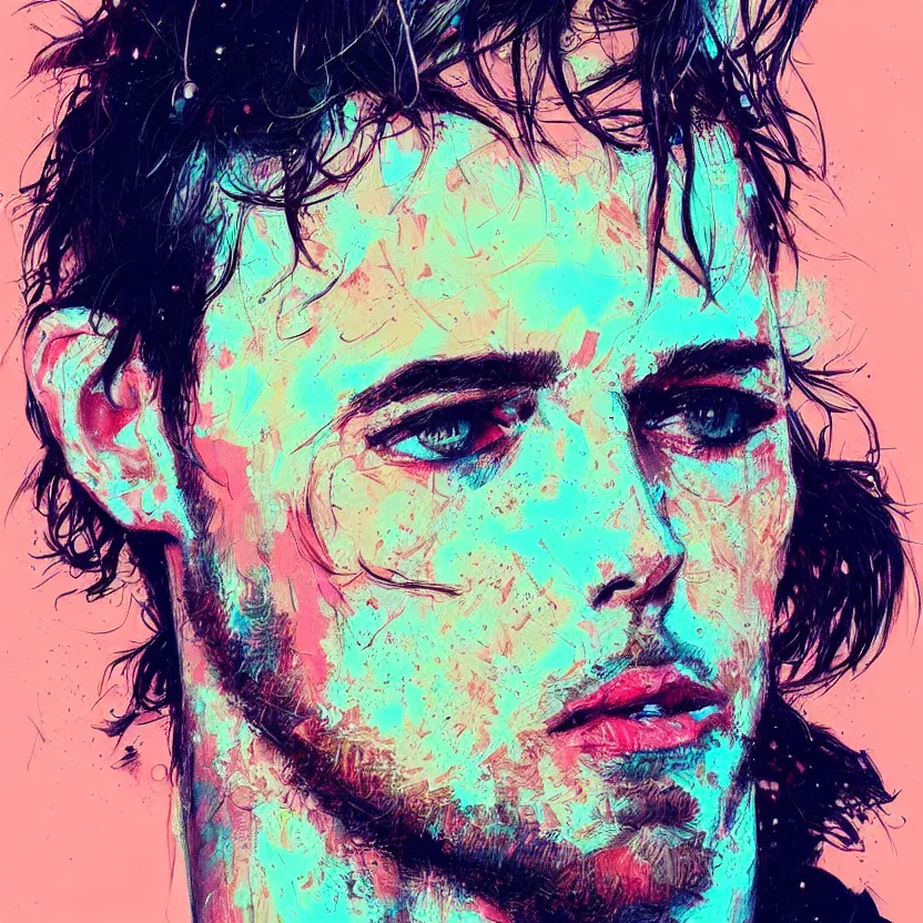 Image similar to close up portrait painting of a male musician in nineties street styling, concept art, intricate details, aesthetically pleasing pastel colors, art by conrad roset, impressionism, portrait