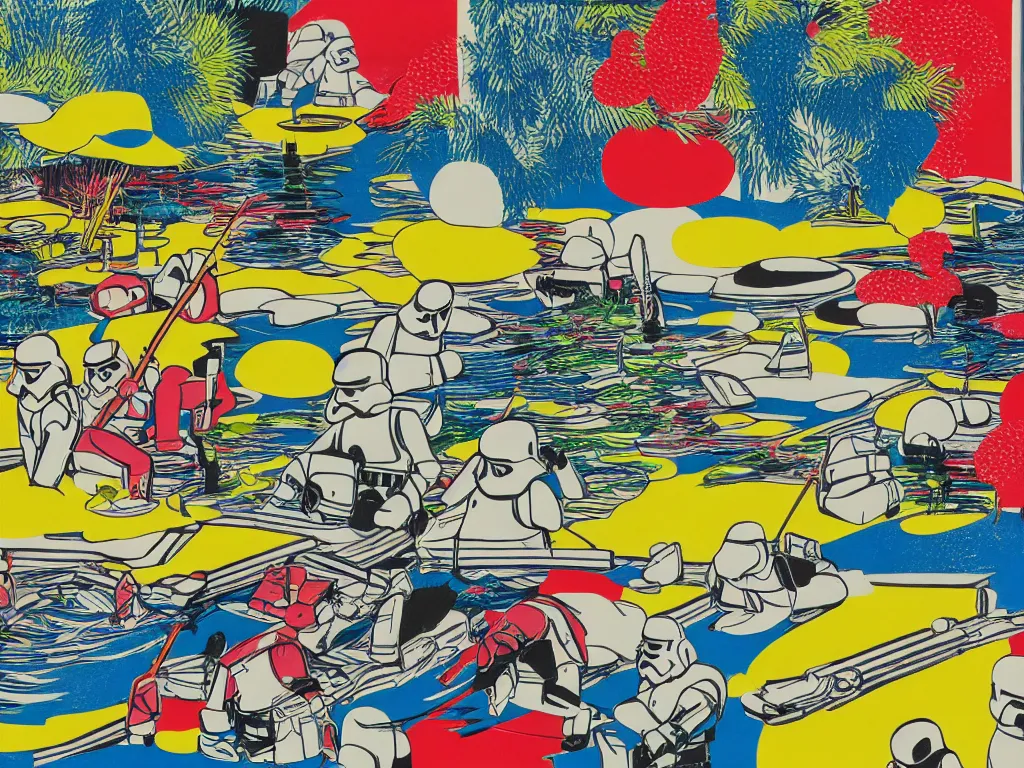 Prompt: close - up image of a japanese house with a pond, stormtroopers sitting around it, in style of pop - art, andy warhol, roy lichtenstein, jackie tsai, bright and saturated palette, acrylic on canvas