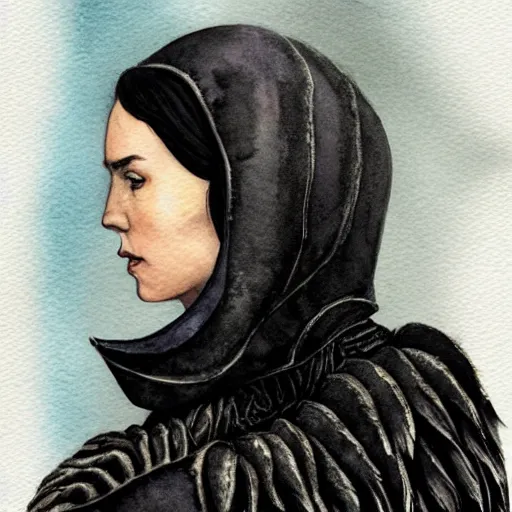 Image similar to full body detailed watercolor illustration of alien anya taylor - joy mixed with jennifer connelly, reading a book, unsettling, hooded long black feathered cloak, uncanny valley, with black feathers instead of hair, gothic, guillermo del toro, gray mottled skin, pale and sickly, profile view, - - ar 9 : 1 6