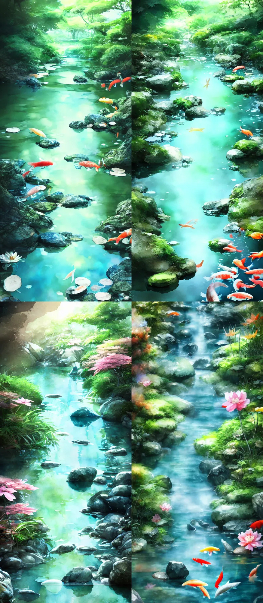 Prompt: skinny natural water stream clear aqua water, lush trees, plants, flowers, rocks, boulders, stones, plants, koi fish, digital art, illustration, vibrant watercolor, wenjun lin, studio ghibli, pixiv, dreamy lighting, reflections, refractions, film grain