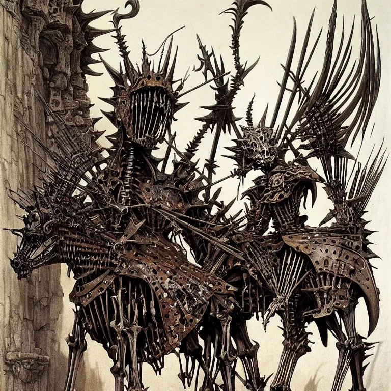 Prompt: Very vibrant art. A spiked detailed horse skeleton with armored joints stands in a large cavernous throne room with halberd in hand. Massive shoulderplates. Extremely high details, realistic, fantasy art, solo, masterpiece, bones, ripped flesh, vibrant art by Zdzisław Beksiński, Arthur Rackham, Dariusz Zawadzki, Harry Clarke