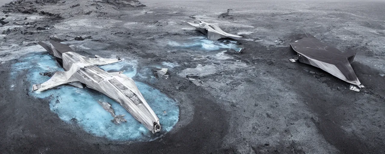 Image similar to cinematic shot of giant symmetrical futuristic military spacecraft in the middle of an endless black sand beach in iceland with icebergs in the distance,, 2 8 mm