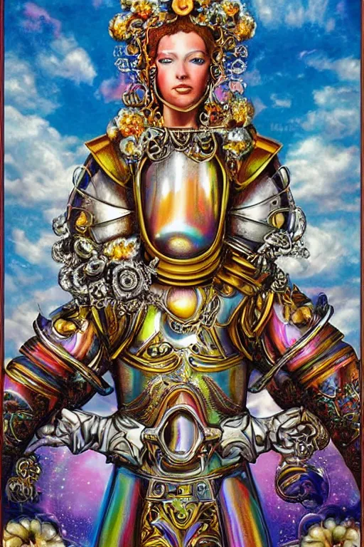 Prompt: opalescent retrofuturistic digital airbrush illustration of a knight wearing an ornate chrome headpiece and holding a flower with a landscape and sky in the background by luigi patrignani