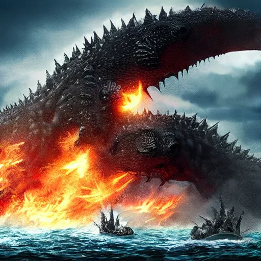 Image similar to Battle of two godzillas in the sea, very detailed, very realistic, artstation
