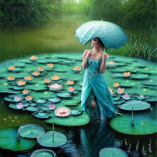 Image similar to light teal portrait in the rain on pond with waterlilies, fantasy, intricate, elegant, dramatic lighting, emotionally evoking symbolic metaphor, highly detailed, lifelike, photorealistic, digital painting, artstation, concept art, smooth, sharp focus, illustration, art by John Collier and Albert Aublet and Krenz Cushart and Artem Demura and Alphonse Mucha