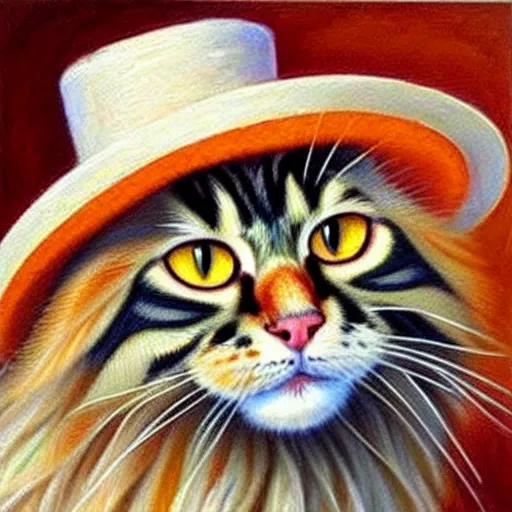 Image similar to beautiful oil painting of an orange maine - coon with a white beard. wearing a wide - brimmed straw sombrero sombrero