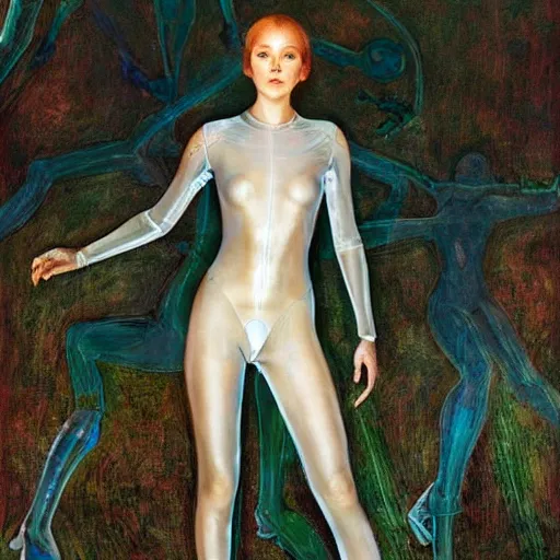 Image similar to full body portrait of a beautiful woman wearing a transparent plastic skin tight jumpsuit, Edgar Maxence and Ross Tran and Michael Whelan and Gustav Klimpt