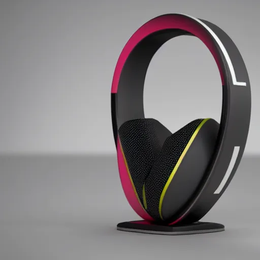 Image similar to headphone stand, futuristic, techno, cyberpunk, product design, 3 d render, concept, fun, swag, cute