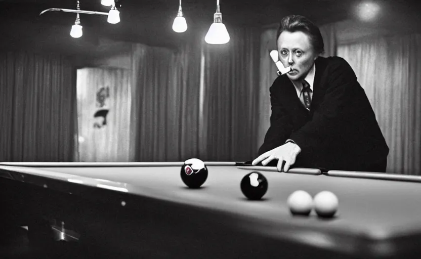 Prompt: Christopher Walken playing billiards and smoking a cigarette in the style of Annie Leibovitz, Hasselblad medium format digital camera, full color, soft lighting, dark, moody, shallow depth of field, highly detailed, photorealistic,