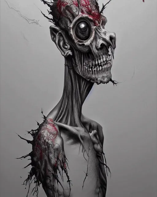 Image similar to Haunting horrifying hyperrealistic detailed painting of a tall slim flesh extraterrestrial creature covered in thick black blood, heavy metal, disgusting, creepy, unsettling, and bloodshot eyeballs, hyper detailed, trending on Artstation