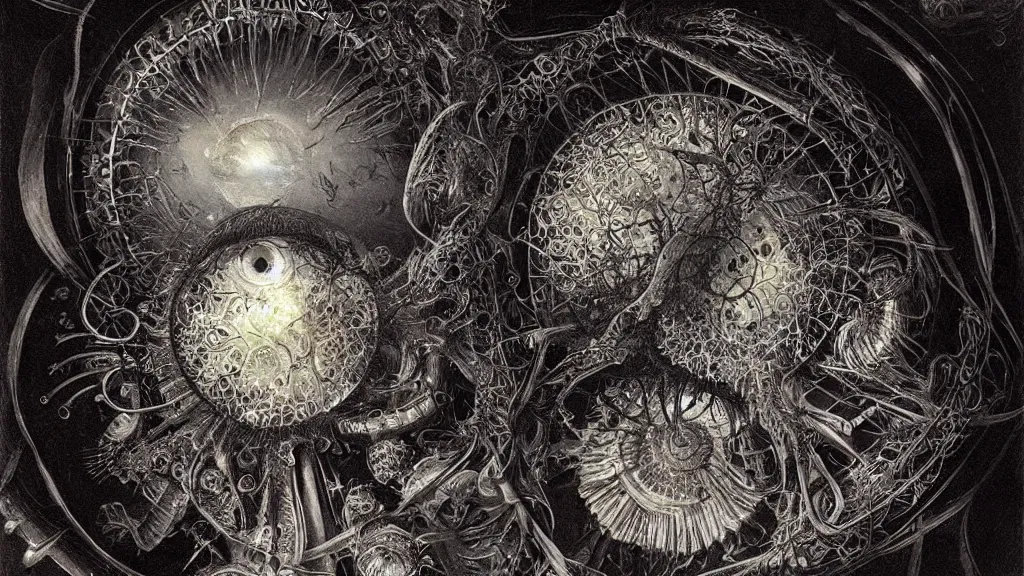 Prompt: a beautiful dreamy painting of a coronavirus inside a television screen, evil eye, dark, sinister, detailed, high contrast, art by Ernst Haeckel and Greg Rutkowski