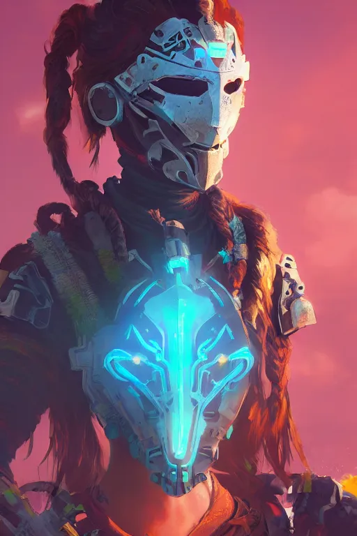 Image similar to combination suit armor aloy horizon forbidden west horizon zero dawn radiating a glowing aura global illumination ray tracing hdr fanart arstation by ian pesty and alena aenami artworks in 4 k tribal robot ninja mask helmet backpack