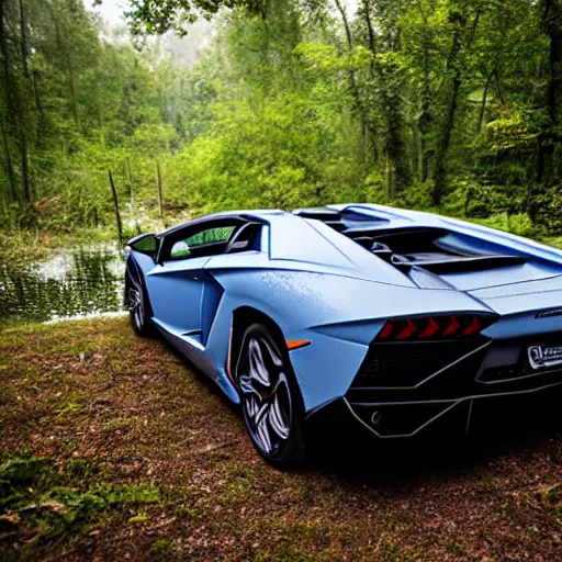 Image similar to lamborghini aventador abandoned in the middle of a forest by the lake