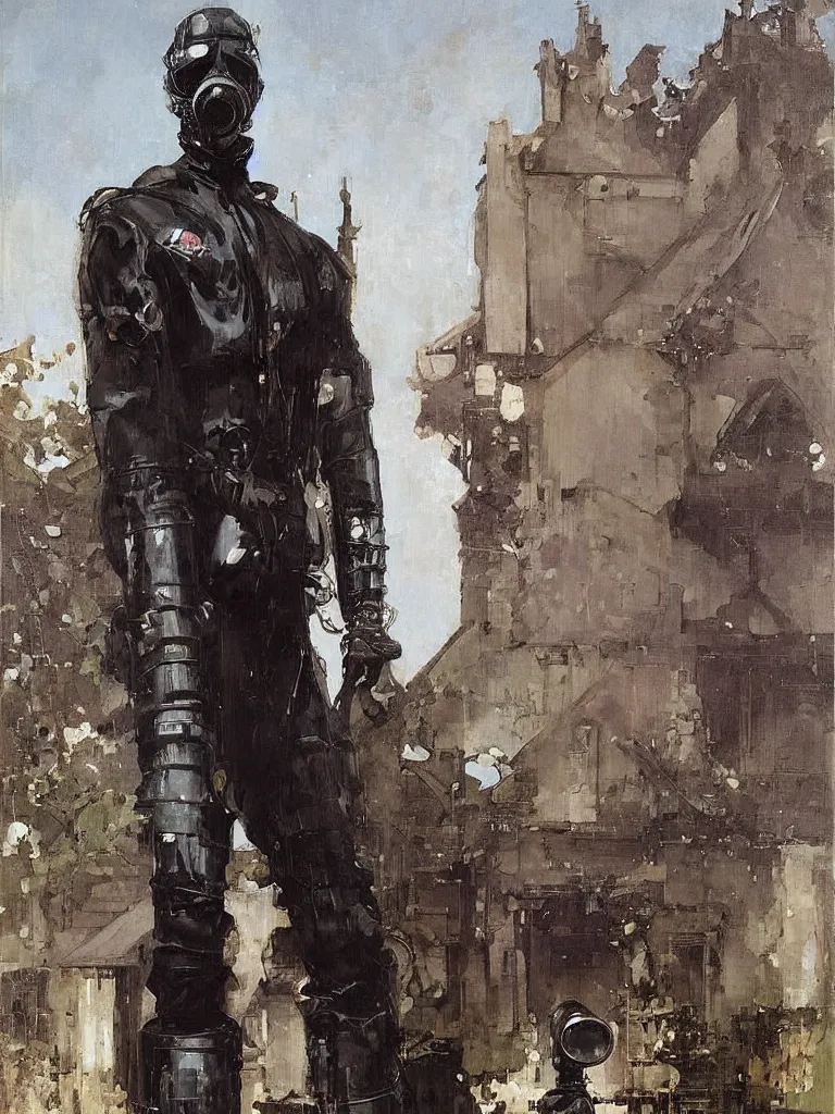 Image similar to full body portrait of an incredibly tall man dressed entirely in latex and wearing a gas mask standing on the driveway leading to an enormous stately home at midday, john william waterhouse, john berkey, michael alford, jeremy mann
