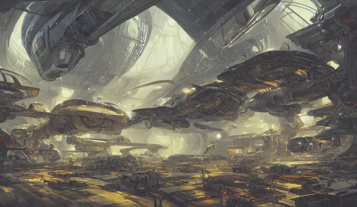 Image similar to a painting of a sci fi hangar, by jesper ejsing