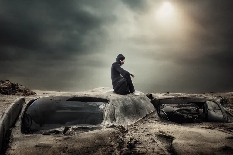 Image similar to A man sitting on a car in a sunken city in a heavy rain, outdoor lighting, dynamic lighting, volumetric, wide angle, anamorphic lens, go pro, 4k