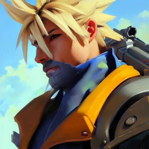 Image similar to Greg Manchess portrait painting o Cloud Strife as Overwatch character, medium shot, asymmetrical, profile picture, Organic Painting, sunny day, Matte Painting, bold shapes, hard edges, street art, trending on artstation, by Huang Guangjian and Gil Elvgren and Sachin Teng