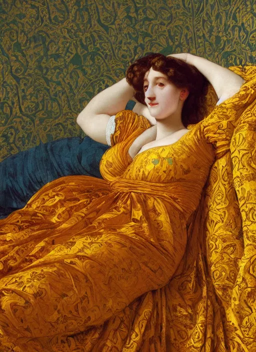 Image similar to masterpiece portrait of lady reclining on bed wearing yellow ochre ornate medieval dress, vertical, foreshortening, colour photography by frederic leighton, william morris, 8 k