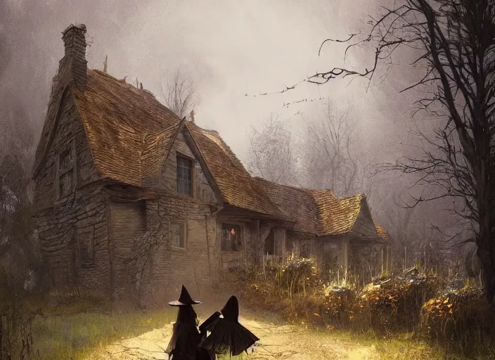 Image similar to the cottage of a Witch, scarecrow, a fantasy digital painting by Greg Rutkowski and James Gurney, trending on Artstation, highly detailed