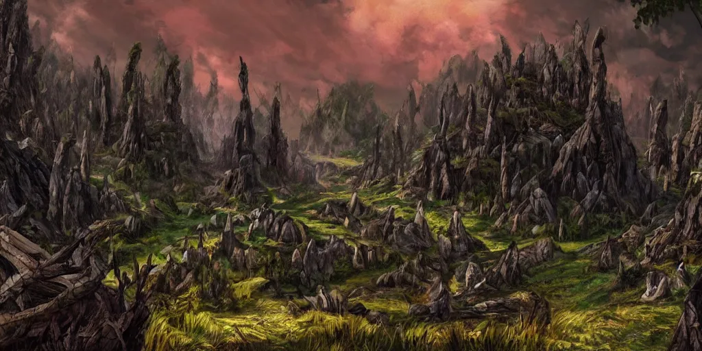 Image similar to Artwork in style of The Elder Scrolls Oblivion of the cinematic view of the Celestial Forest of Buried Enchantments.