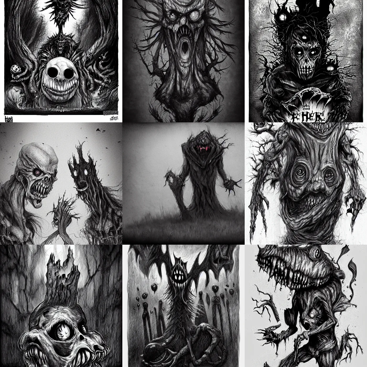Prompt: a few monster designs in the style of scary stories to tell in the dark, trending on artstation
