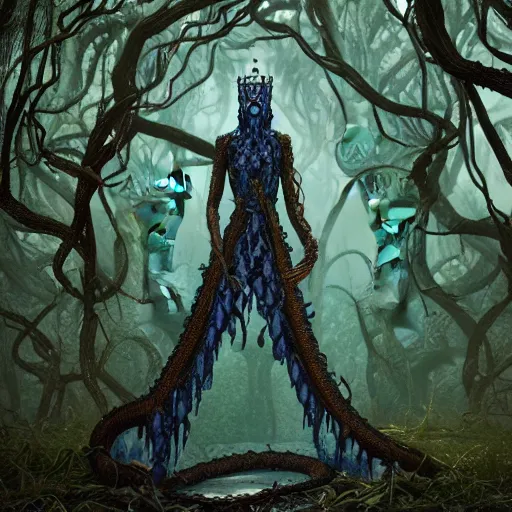 Image similar to dark queen of snakes, crown of snakes, blue skin, realism, dark fantasy, surrounded by thorned vines in a twisted forest, octane render, artstation