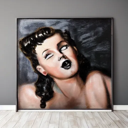 Prompt: rough rugged nose art of a pinup girl on a black wall