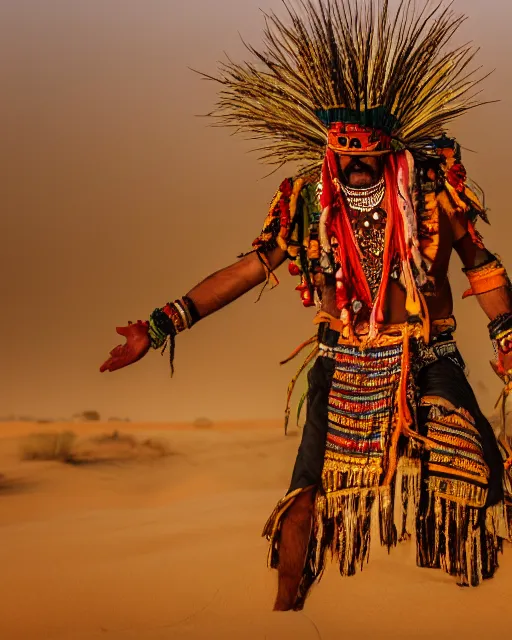 Image similar to tribal chaman dancing as vegetation and flowers grows up around him on the dry desert with cracked soil with fog, epic photography, sunset lighting , 8k