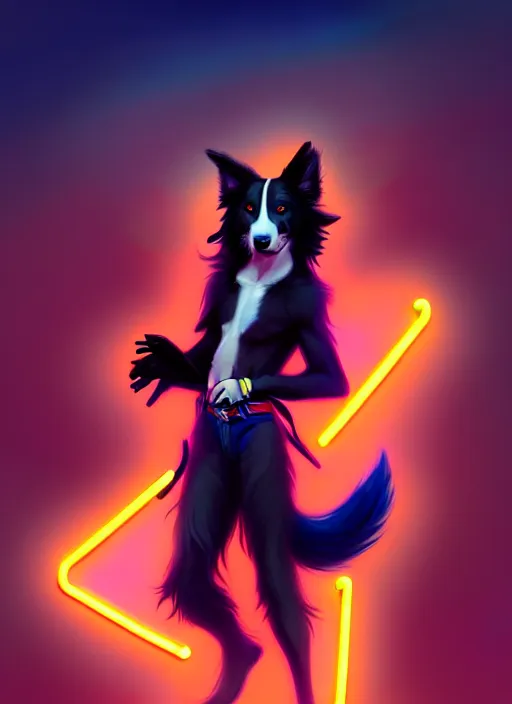 Image similar to wide angle beautiful full body portrait of a cute male anthropomorphic anthro border collie fursona wearing cowboy outfit in a neon metropolis, character design by charlie bowater, henry asencio, and ross tran, furry art, furaffinity, beautiful, glamor pose, detailed, aesthetic, trending on artstation