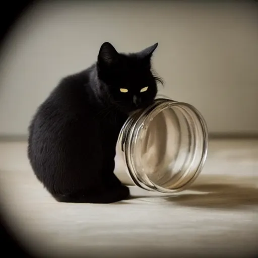 Prompt: am award winning photo of a cute black catsleeping inside of a jar