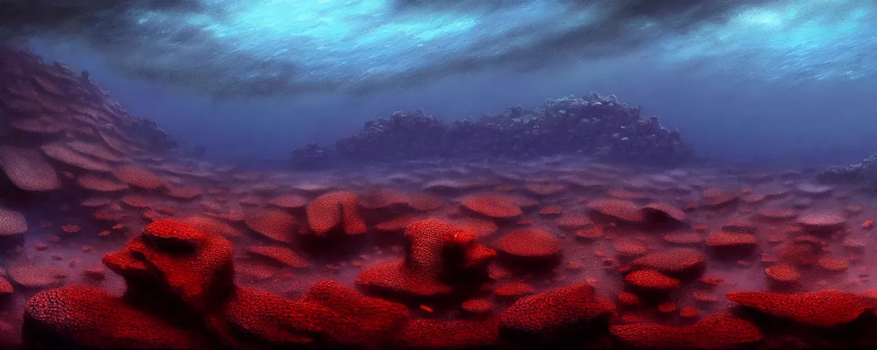 Image similar to A gorgeous detailed oil of a dark red sea covered in big blue steep rocks, a school of piranhas underwater, the further away the mistier it gets, surreal, concept art, dark aesthetic, atmospheric, moody, hyperrealism, highly detailed, masterpiece, award winning, 4k, unreal engine