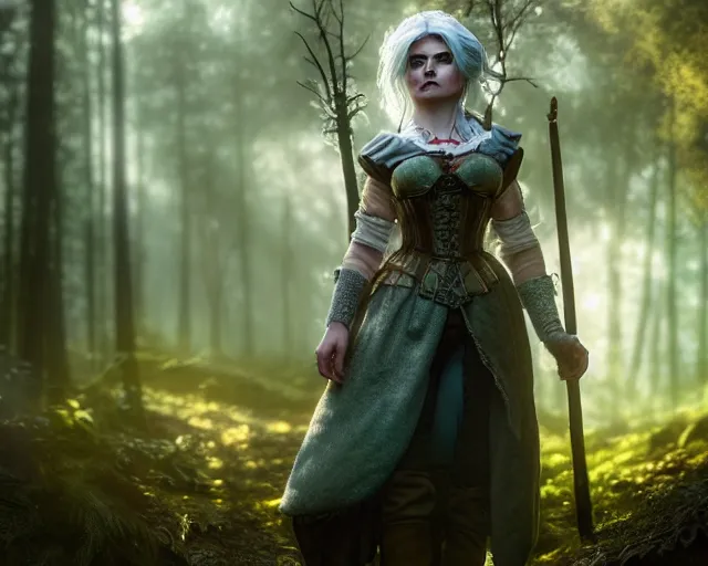 Prompt: 5 5 mm portrait photo of mkurilenko as ciri, in a forest. magical atmosphere. art by greg rutkowski. highly detailed 8 k. intricate. lifelike. soft light. nikon d 8 5 0.