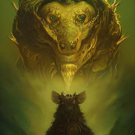 Image similar to Rat king of the mountains, gold and green, portrait, by Anato Finnstark, Tom Bagshaw, Brom