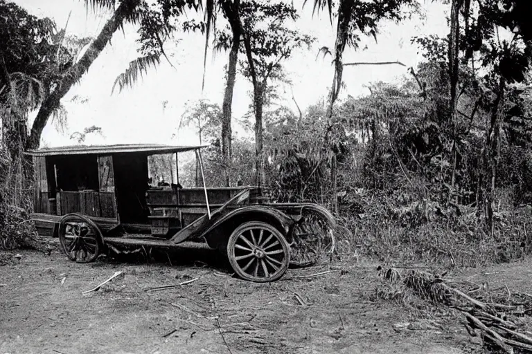 Image similar to a 1905 colonial closeup photograph of a cadillac in a village at the river bank of Congo , Thick jungle, scary, evil looking, wide angle shot