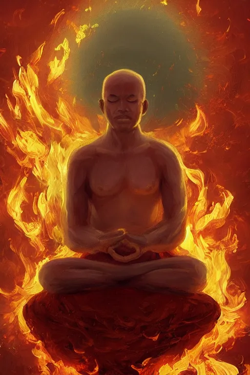 Prompt: A meditating monk on fire by Afshar Petros, Trending on artstation.