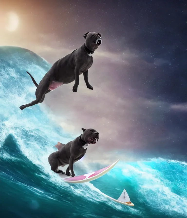 Image similar to photo of a dark gray coat pit bull with a white paws and a white nose!, surfing on a surfboard in a crashing wave of alien ocean in space, background is an alien galaxy, aliens in the background, alien colors, octane render, unreal engine, wide view, 8 k, highly detailed