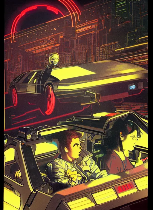 Image similar to portrait of a cyborg boy and a cyborg girl driving a delorean car in the middle of futuristic tokyo at night. diffuse neon light, dramatic landscape, fantasy illustration, matte painting by mucha