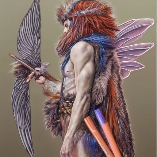 Prompt: hyper realistic color pencil drawing of a male fairy druid with hawk wings, D&D Art, detailed, rim light, diffused, intricate, axe, by anna dittmann