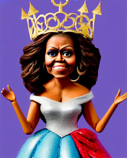 Image similar to closeup profile portrait of a tin toy michelle obama as a fairytale princess wearing a crown and sitting on a throne, bikini, hyper realistic, artstation, illustration, concept art by nicoletta ceccoli, mark ryden, lostfish, max fleischer, digital paint, matte paint, vivid colors, bright, cheerful, detailed and intricate environment