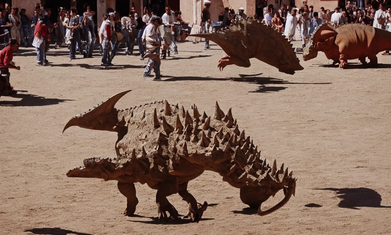 Image similar to a troubadour facing off against a horned dinosaur in the plaza de toros, madrid. long shot, midday sun, kodachrome