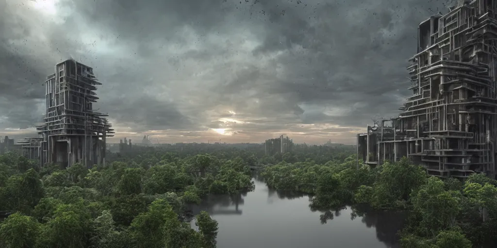 Prompt: an extremely detailed cathedral of brutalist architecture, surrounded by lush green forest, ponds of water, stunning volumetric lighting, sunset, rusted metal, solid concrete, stunning skies, trending on Artstation, 8k, photorealistic, hyper detailed, unreal engine 5, IMAX quality, cinematic, epic lighting, in the style of Greg Rutkowski