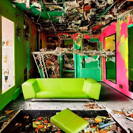 Image similar to dayglo green, taco bell opulent by nacho carbonell. a body art of a room that is wrecked, furniture overturned, belongings strewn about, & debris everywhere. the only thing left intact is a photograph on the wall shows a tidy, well - appointed space, with everything in its place.