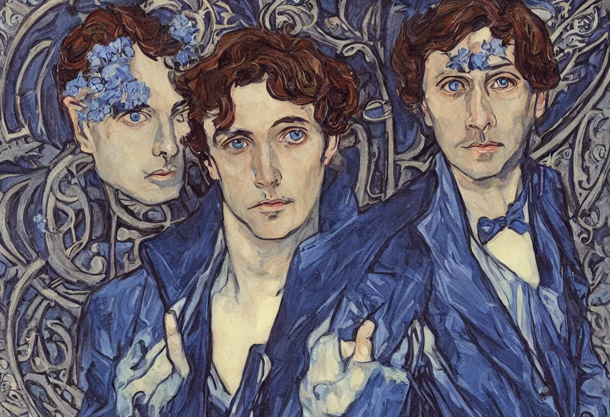 Prompt: art nouveau portrait of paul atreides with glowing blue eyes