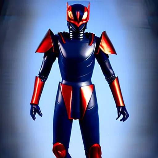 Image similar to Hard Science Fiction Kamen Rider, dark blue armor with red secondary color glowing eyes, daytime, grey rubber undersuit